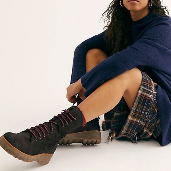 Free People Dark Combat Boots with Burgundy Laces - Picture 2 of 3